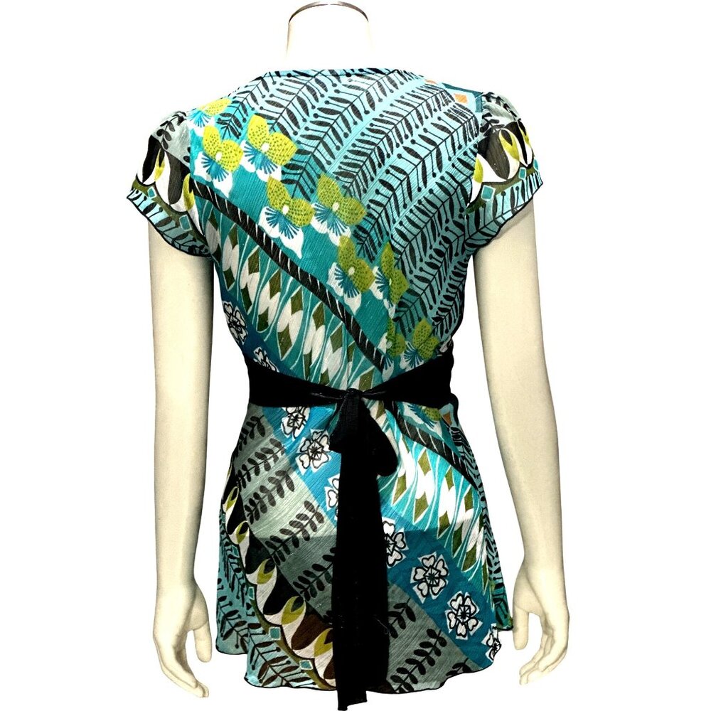Wrapper Size Sm Teal Black Statement Print Deep V Wrap Tie Waist Peplum Top Chic - Picture 4 of 10